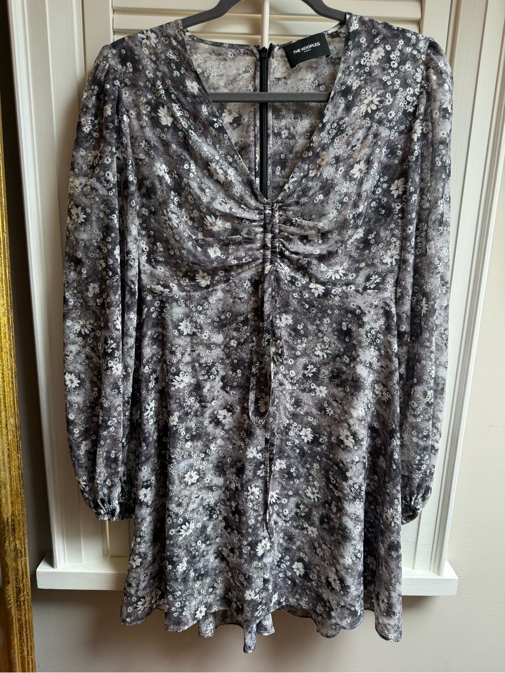 The Kooples Gray Floral Ruched V-Neck Mini Dress